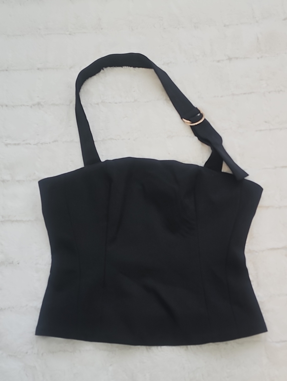 Showpo Black One-Shoulder Bustier Camisole with Gold Ring Detail Y2K
